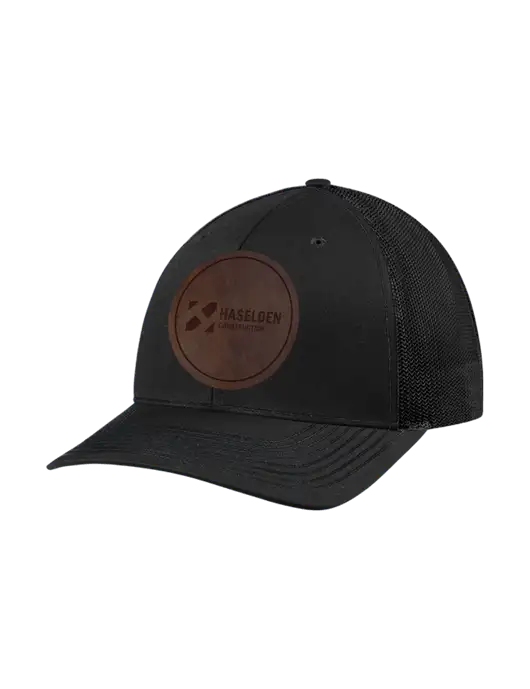 Richardson Adjustable Snapback Original 112 Trucker Cap Black w/Black Mesh w/Haselden Construction Leather Patch Logo