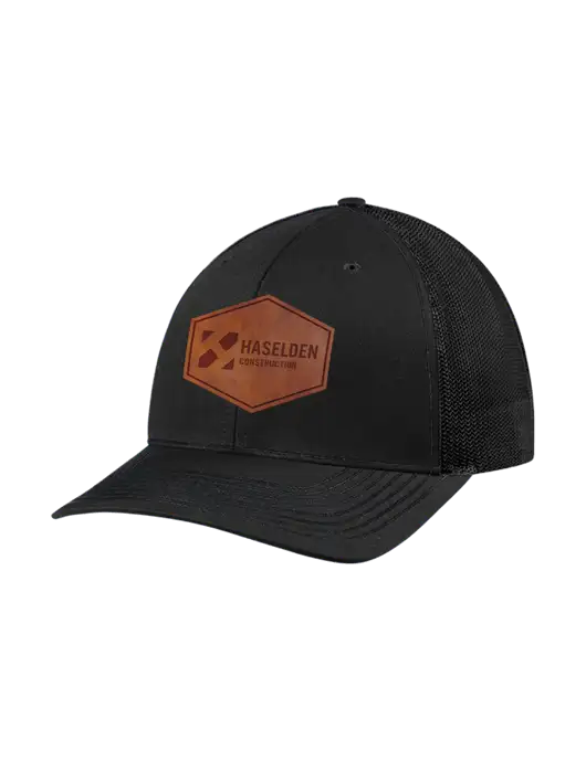 Richardson Adjustable Snapback Original 112 Trucker Cap Black w/Black Mesh w/Haselden Construction Leather Patch Logo