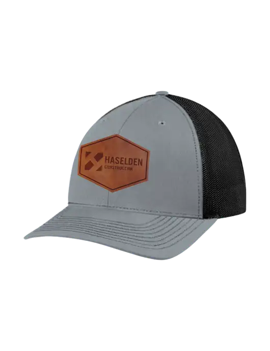 Richardson Adjustable Snapback Original 112 Trucker Cap Heather Grey w/Black Mesh w/Haselden Construction Leather Patch Logo