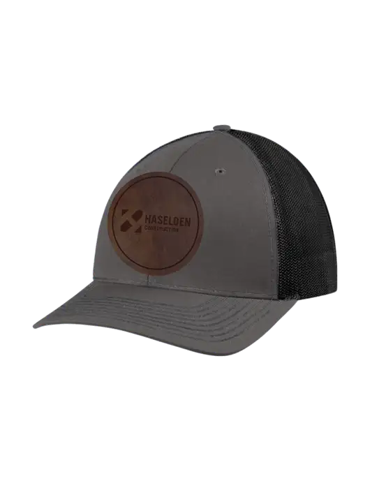 Richardson Adjustable Snapback Original 112 Trucker Cap Dark Grey w/Black Mesh w/Haselden Construction Leather Patch Logo