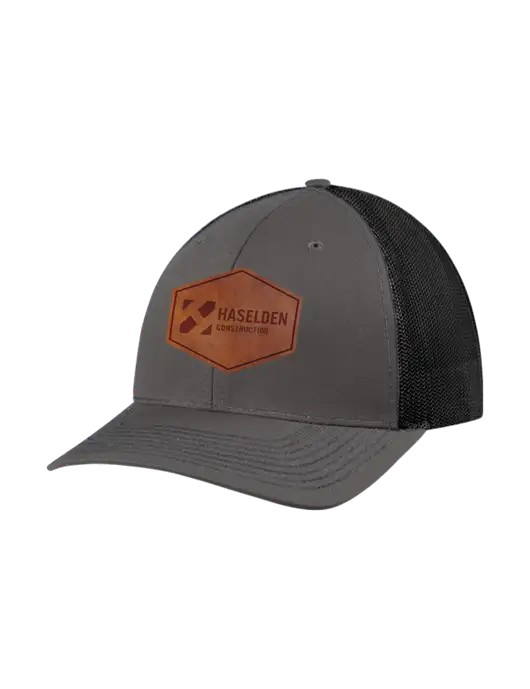 Richardson Adjustable Snapback Original 112 Trucker Cap Dark Grey w/Black Mesh w/Haselden Construction Leather Patch Logo