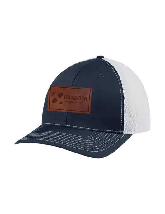 Richardson Adjustable Snapback Original 112 Trucker Cap Navy w/White Mesh w/Haselden Construction Leather Patch Logo