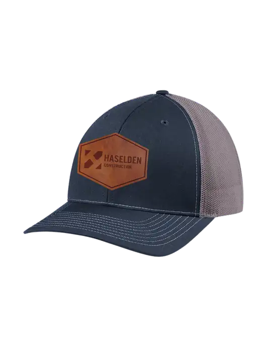 Richardson Adjustable Snapback Original 112 Trucker Cap Navy w/Charcoal Mesh w/Haselden Construction Leather Patch Logo