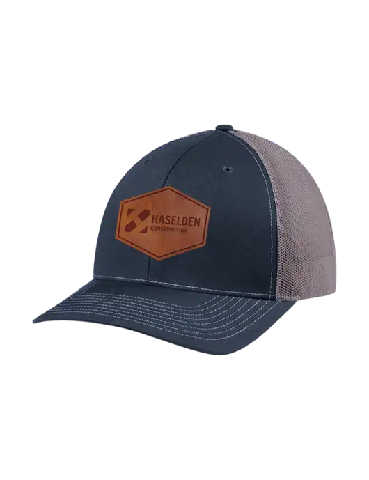 Richardson Adjustable Snapback Original 112 Trucker Cap Navy w/Charcoal Mesh w/Haselden Construction Leather Patch Logo