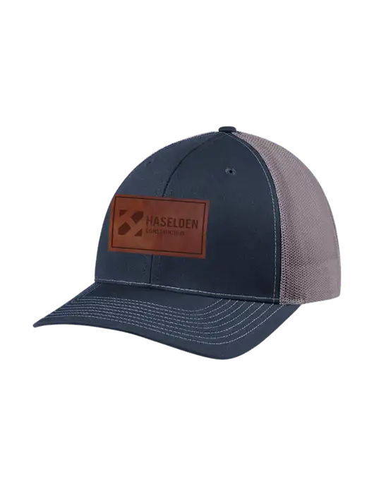 Richardson Adjustable Snapback Original 112 Trucker Cap Navy w/Charcoal Mesh w/Haselden Construction Leather Patch Logo