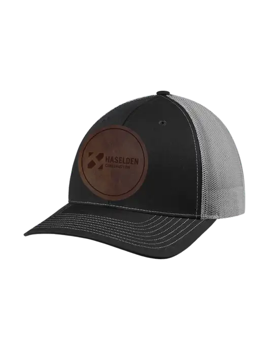 Richardson Adjustable Snapback Original 112 Trucker Cap Black w/Charcoal Mesh w/Haselden Construction Leather Patch Logo