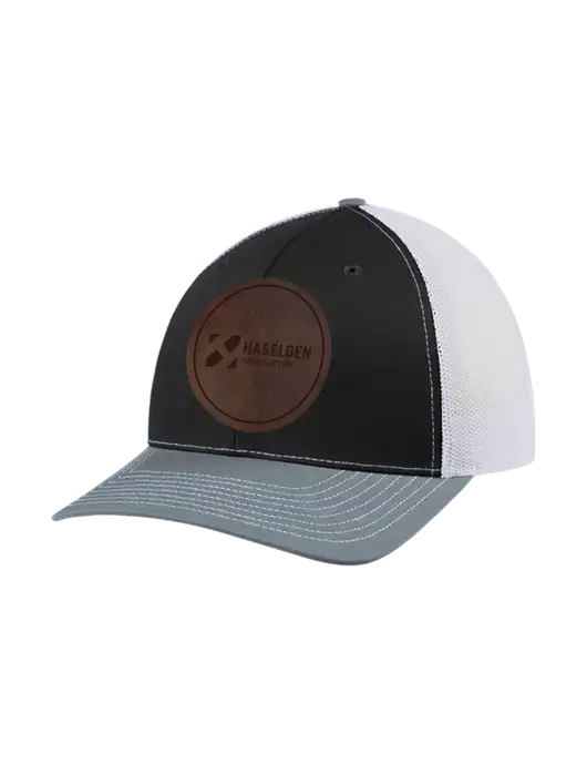 Richardson Adjustable Snapback Original 112 Trucker Cap Black/Light Heather Grey/White Mesh w/Haselden Construction Leather Patch Logo