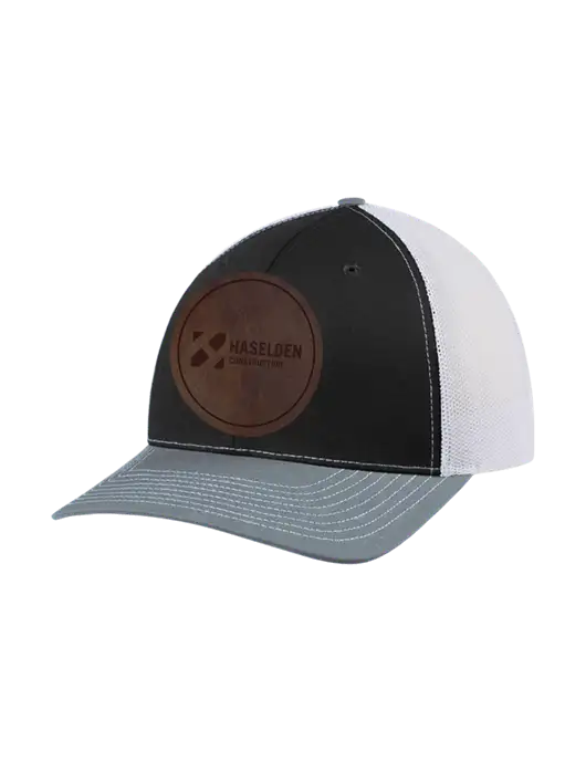 Richardson Adjustable Snapback Original 112 Trucker Cap Black/Light Heather Grey/White Mesh w/Haselden Construction Leather Patch Logo