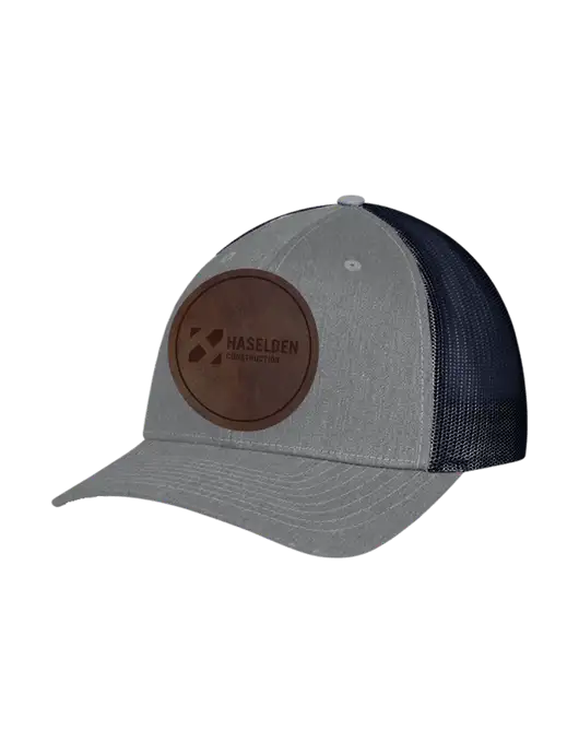 Richardson Adjustable Snapback Original 112 Trucker Cap Heather Grey w/Navy Mesh w/Haselden Construction Leather Patch Logo