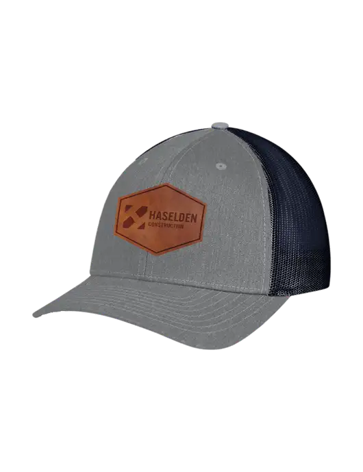 Richardson Adjustable Snapback Original 112 Trucker Cap Heather Grey w/Navy Mesh w/Haselden Construction Leather Patch Logo