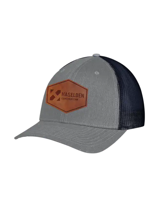 Richardson Adjustable Snapback Original 112 Trucker Cap Heather Grey w/Navy Mesh w/Haselden Construction Leather Patch Logo