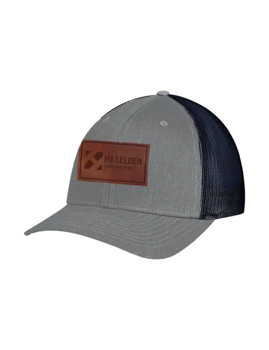 Richardson Adjustable Snapback Original 112 Trucker Cap Heather Grey w/Navy Mesh w/Haselden Construction Leather Patch Logo