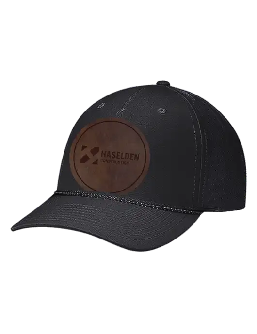Richardson Laser Perf Performance Black/Black-Grey Rope Cap w/Haselden Construction Leather Patch Logo
