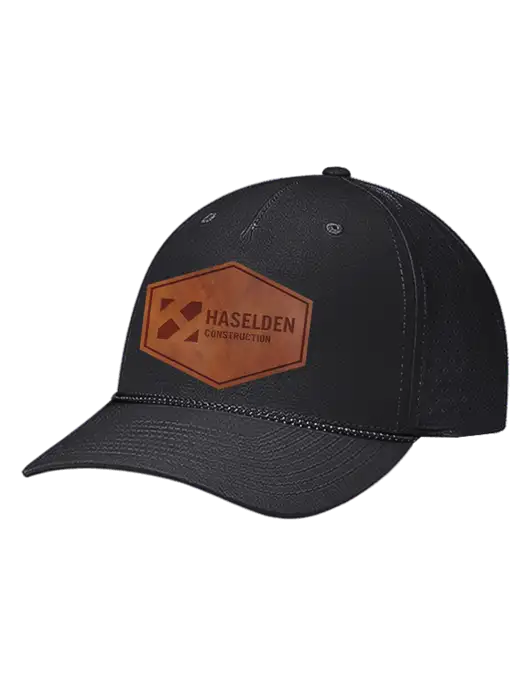 Richardson Laser Perf Performance Black/Black-Grey Rope Cap w/Haselden Construction Leather Patch Logo