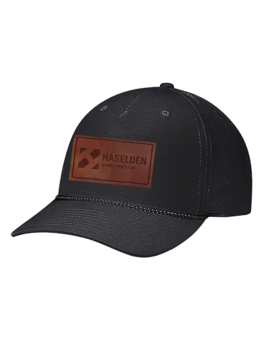 Richardson Laser Perf Performance Black/Black-Grey Rope Cap w/Haselden Construction Leather Patch Logo