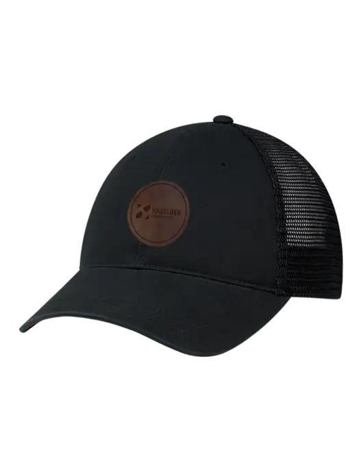 Richardson 111 Garment Washed Trucker Cap Black w/Black Mesh w/Haselden Construction Leather Patch Logo