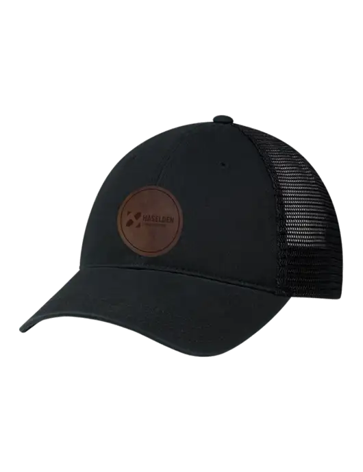 Richardson 111 Garment Washed Trucker Cap Black w/Black Mesh w/Haselden Construction Leather Patch Logo