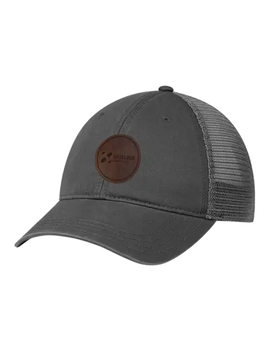 Richardson 111 Garment Washed Trucker Cap Charcoal w/Charcoal Mesh w/Haselden Construction Leather Patch Logo