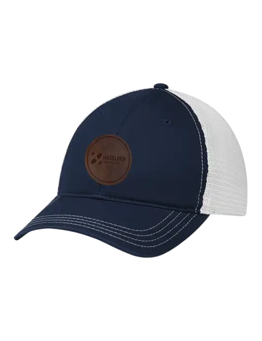 Richardson 111 Garment Washed Trucker Cap Navy w/White Mesh w/Haselden Construction Leather Patch Logo