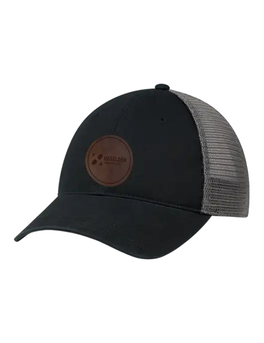 Richardson 111 Garment Washed Trucker Cap Black w/Charcoal Mesh w/Haselden Construction Leather Patch Logo