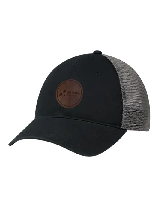 Richardson 111 Garment Washed Trucker Cap Black w/Charcoal Mesh w/Haselden Construction Leather Patch Logo