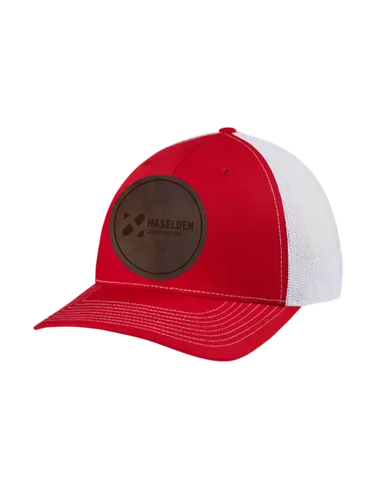Richardson Adjustable Snapback Original 112 Trucker Cap Red w/White Mesh w/Haselden Construction Leather Patch Logo