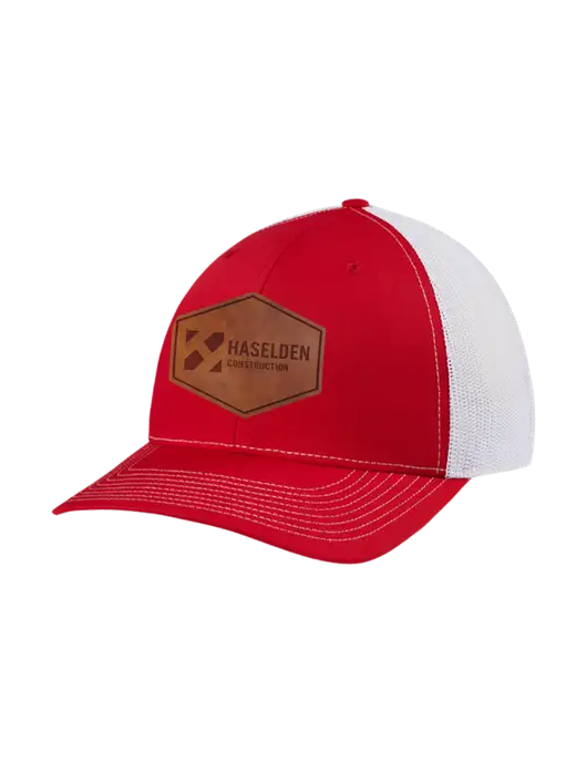Richardson Adjustable Snapback Original 112 Trucker Cap Red w/White Mesh w/Haselden Construction Leather Patch Logo