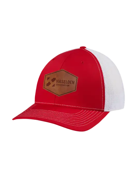 Richardson Adjustable Snapback Original 112 Trucker Cap Red w/White Mesh w/Haselden Construction Leather Patch Logo
