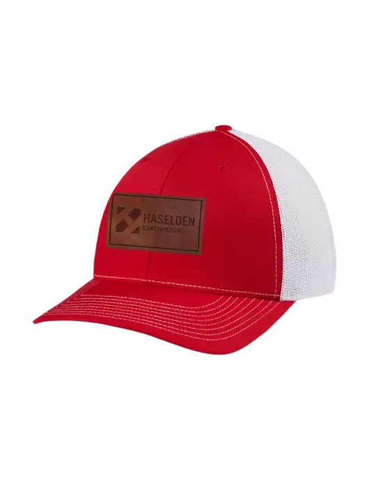 Richardson Adjustable Snapback Original 112 Trucker Cap Red w/White Mesh w/Haselden Construction Leather Patch Logo