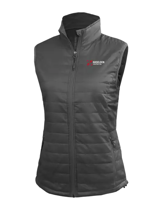 Womens Packable Dark Grey Puffy Vest w/Haselden Construction Logo
