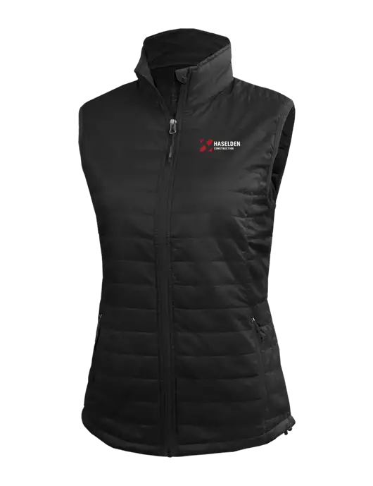 Womens Packable Black Puffy Vest w/Haselden Construction Logo