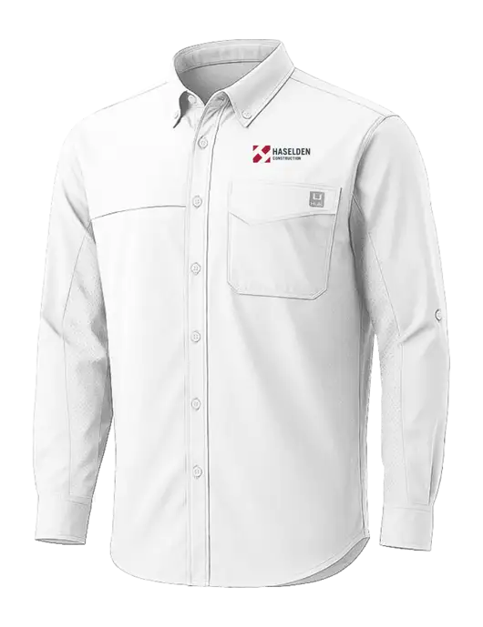HUK White Tide Point Pocket Long Sleeve Fishing Shirt w/Haselden Construction Logo