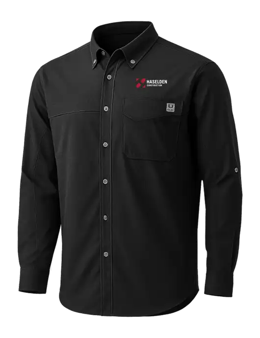 HUK Black Tide Point Pocket Long Sleeve Fishing Shirt w/Haselden Construction Logo
