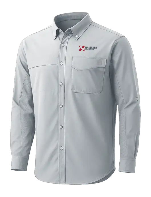 HUK Light Grey Tide Point Pocket Long Sleeve Fishing Shirt w/Haselden Construction Logo