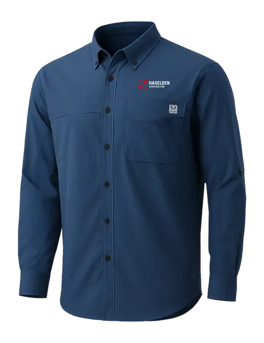 HUK Navy Tide Point Pocket Long Sleeve Fishing Shirt w/Haselden Construction Logo