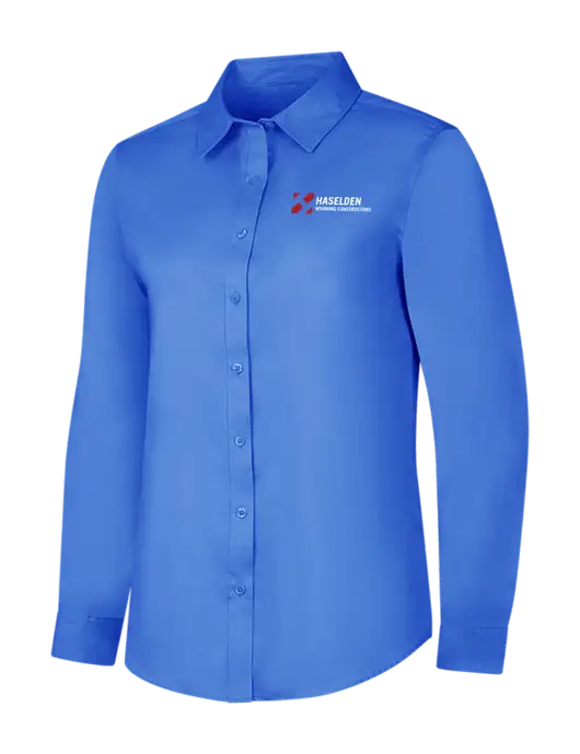 Dark Carolina Blue Womens Long Sleeve Superpro React Twill Shirt w/Haselden Wyoming Logo