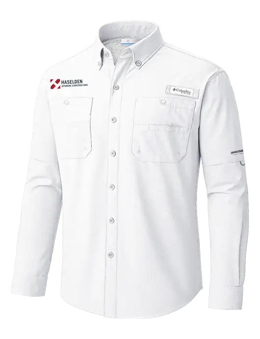 Columbia White PFG Tamiami II Long SleeveShirt w/Haselden Wyoming Logo