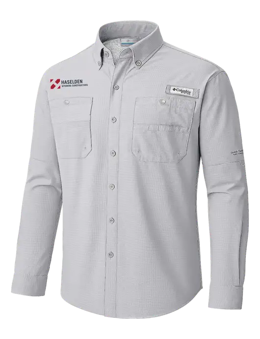 Columbia Cool Grey PFG Tamiami II Long SleeveShirt w/Haselden Wyoming Logo