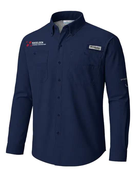 Columbia Navy PFG Tamiami II Long SleeveShirt w/Haselden Wyoming Logo