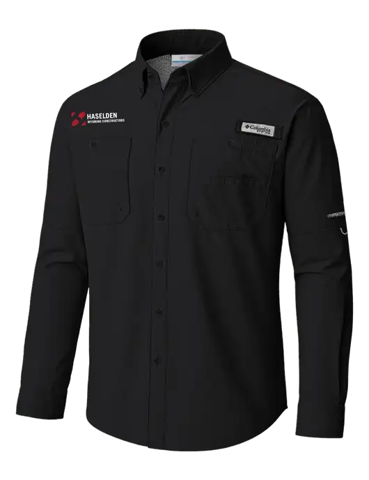 Columbia Black PFG Tamiami II Long SleeveShirt w/Haselden Wyoming Logo