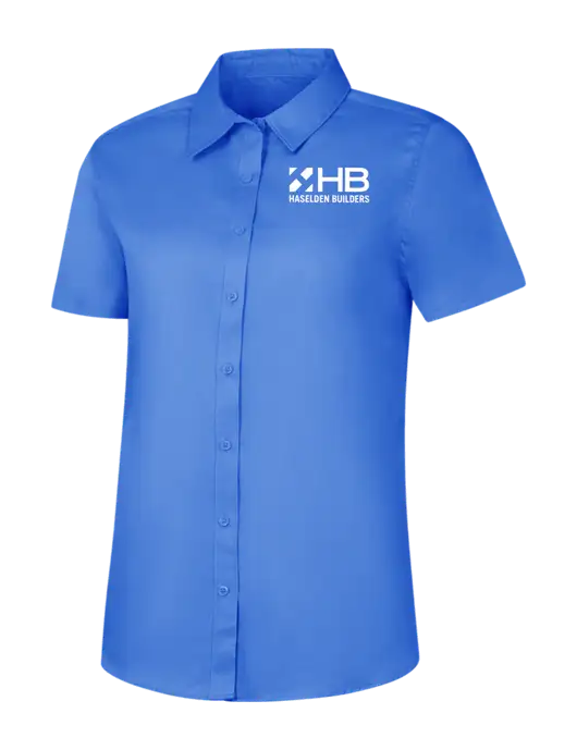 Womens Dark Carolina Blue Short Sleeve Superpro React Twill Shirt w/Haselden Builders Logo