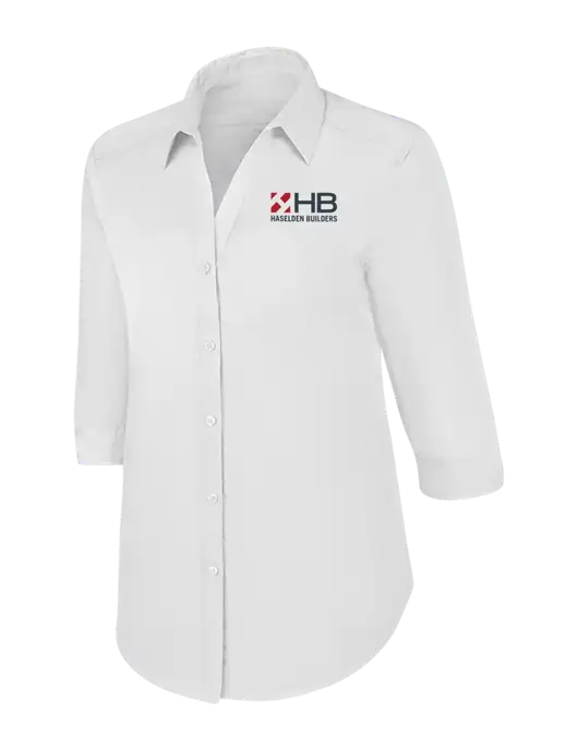 Womens White 3/4 Sleeve Carefree Poplin Shirt w/Haselden Builders Logo