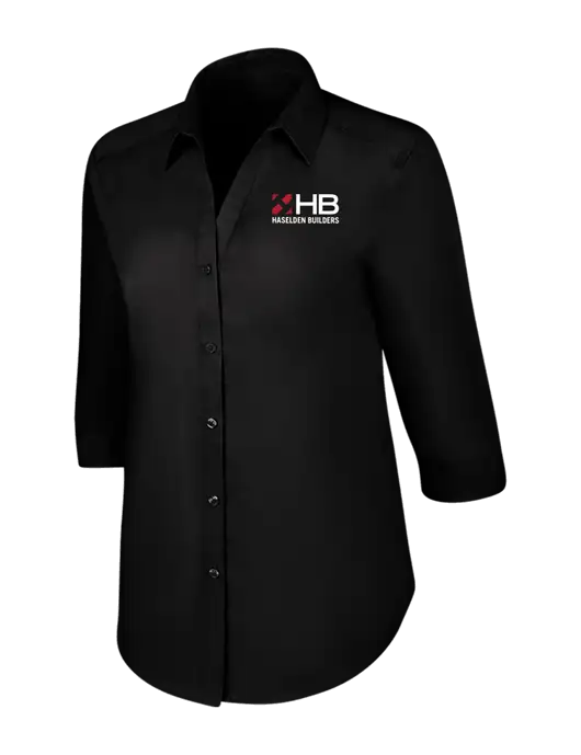 Womens Black 3/4 Sleeve Carefree Poplin Shirt w/Haselden Builders Logo