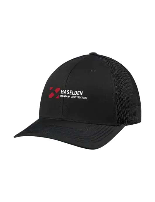 Richardson Adjustable Snapback Original 112 Trucker Cap Black w/Black Mesh w/Haselden Montana Constructors Logo