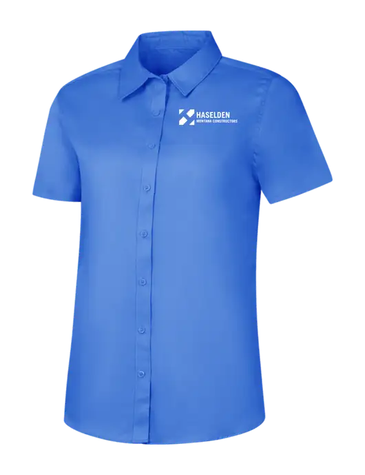 Womens Dark Carolina Blue Short Sleeve Superpro React Twill Shirt w/Haselden Montana Constructors Logo
