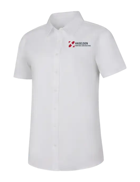 Womens White Short Sleeve Superpro React Twill Shirt w/Haselden Montana Constructors Logo