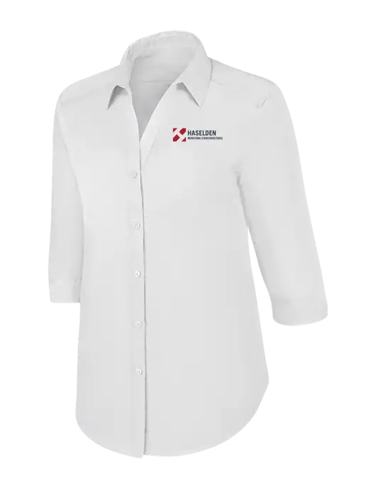 Womens White 3/4 Sleeve Carefree Poplin Shirt w/Haselden Montana Constructors Logo