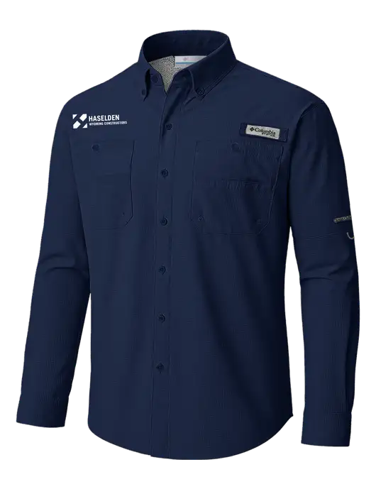 Columbia Navy PFG Tamiami II Long SleeveShirt w/Haselden Wyoming Logo