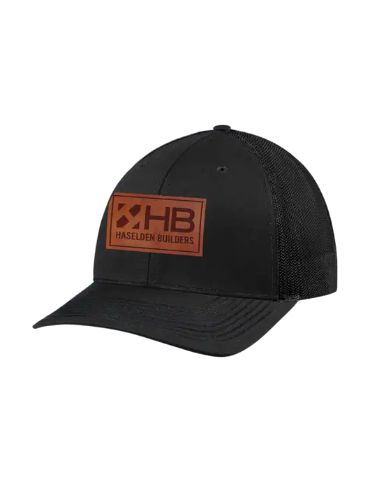 Richardson Adjustable Snapback Original 112 Trucker Cap Black w/Black Mesh w/Haselden Builders Leather Patch Logo