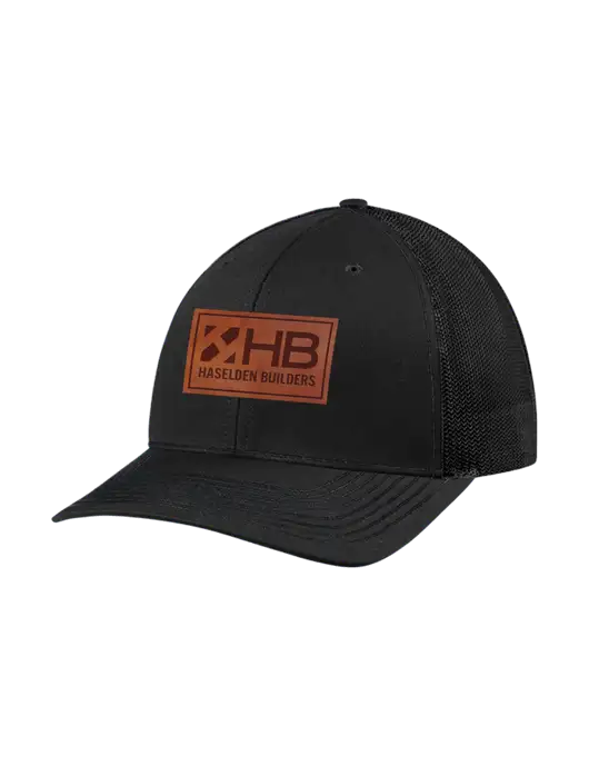 Richardson Adjustable Snapback Original 112 Trucker Cap Black w/Black Mesh w/Haselden Builders Leather Patch Logo